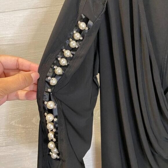 JBS Women Surplice Neckline Cold Shoulder Pearl‎ Accent Ruched Dress - Picture 6 of 8